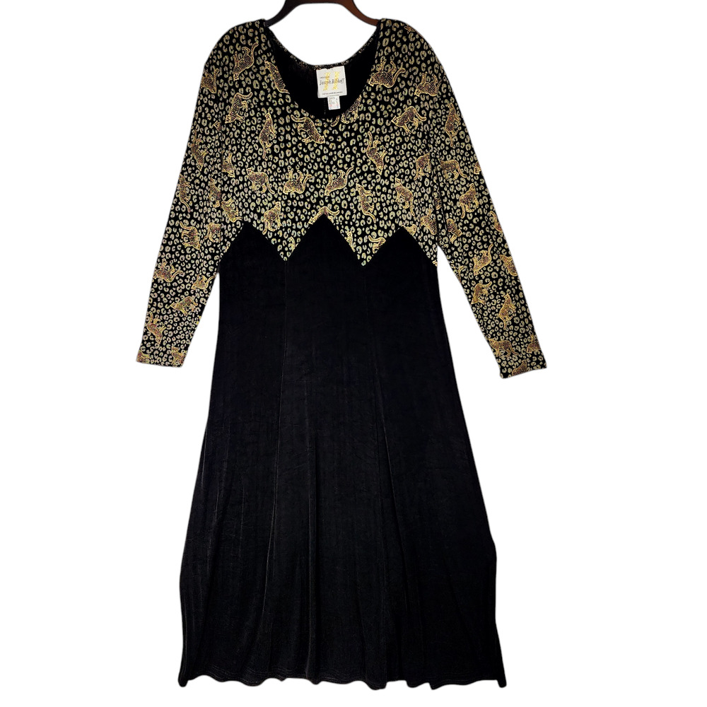 Vtg Joseph Ribkoff Maxi Dress 14 Womens Metallic Gold Cheetahs Leopards‎ Black